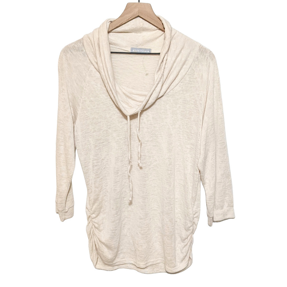 Olivia Moon M Beige 3/4 Sleeve Cowl Neck Dolman Knit Sweater Top Cinched Sides